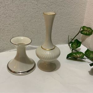 Vintage Lenox USA Porcelain - Long Neck Potbelly Vase Footed 24k & candle holder